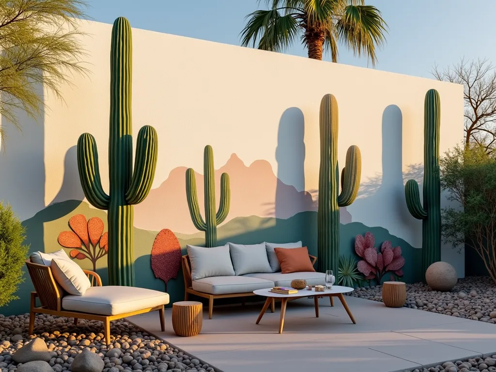 Desert Cacti Mural in Contemporary Garden - A stunning DSLR photograph of a modern garden wall featuring a professionally painted desert cacti mural at sunset. The wide-angle shot captures a 12-foot-high white stucco wall adorned with lifelike paintings of various cacti species, including tall Saguaro, barrel cacti, and prickly pear in rich desert hues of sage green, dusty blue, and terra cotta. The mural casts dramatic shadows in the golden hour light, creating depth and dimension. The wall borders a contemporary patio space with minimalist outdoor furniture, while desert pebbles and strategic lighting enhance the Southwestern ambiance. Shot at f/8 with natural lighting highlighting the intricate details of the painted spines and textures.