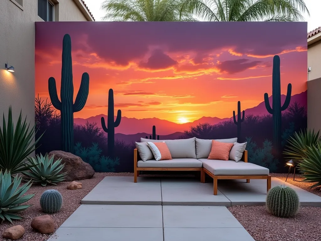 Desert Sunset Garden Wall Mural - A stunning wide-angle DSLR photo of a modern backyard patio featuring a dramatic garden wall mural depicting a desert sunset scene. The wall painting shows towering saguaro cacti and desert flora silhouetted against a vibrant orange, pink, and purple gradient sky. The mural spans a 12-foot concrete wall, with strategic outdoor lighting illuminating the artwork. The foreground features a contemporary seating area with minimal desert landscaping, including real potted succulents that mirror the painted scene. Shot during golden hour to complement the mural's warm tones, the composition captures both the artistic detail of the wall painting and its integration into the outdoor living space. Professional photography with crisp focus, f/8 aperture, showing perfect depth of field and natural lighting.