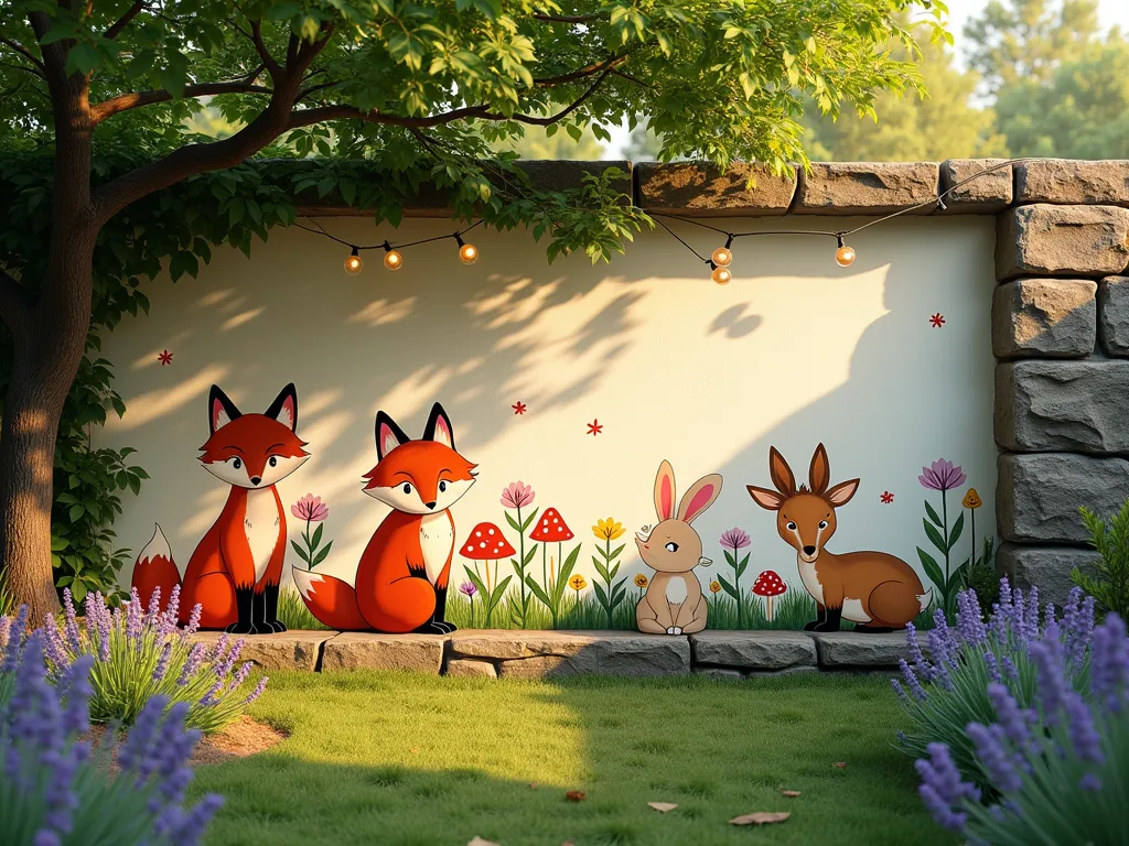 Enchanted Garden Wall with Woodland Creatures - A DSLR wide-angle shot of a charming garden wall mural at golden hour, featuring whimsical woodland creatures painted in soft, muted colors. A family-friendly scene depicts playful red foxes, curious rabbits, and gentle deer amid painted woodland flowers and mushrooms. The mural extends along a rustic stone garden wall partially covered in climbing ivy, with dappled sunlight filtering through overhead tree branches. The foreground showcases a natural cottage garden with lavender and wildflowers, while string lights twinkle above, creating a magical storybook atmosphere. The artistic style combines watercolor-like effects with detailed illustrations, photographed with perfect depth of field at f/8, ISO 100, capturing the enchanting evening light.