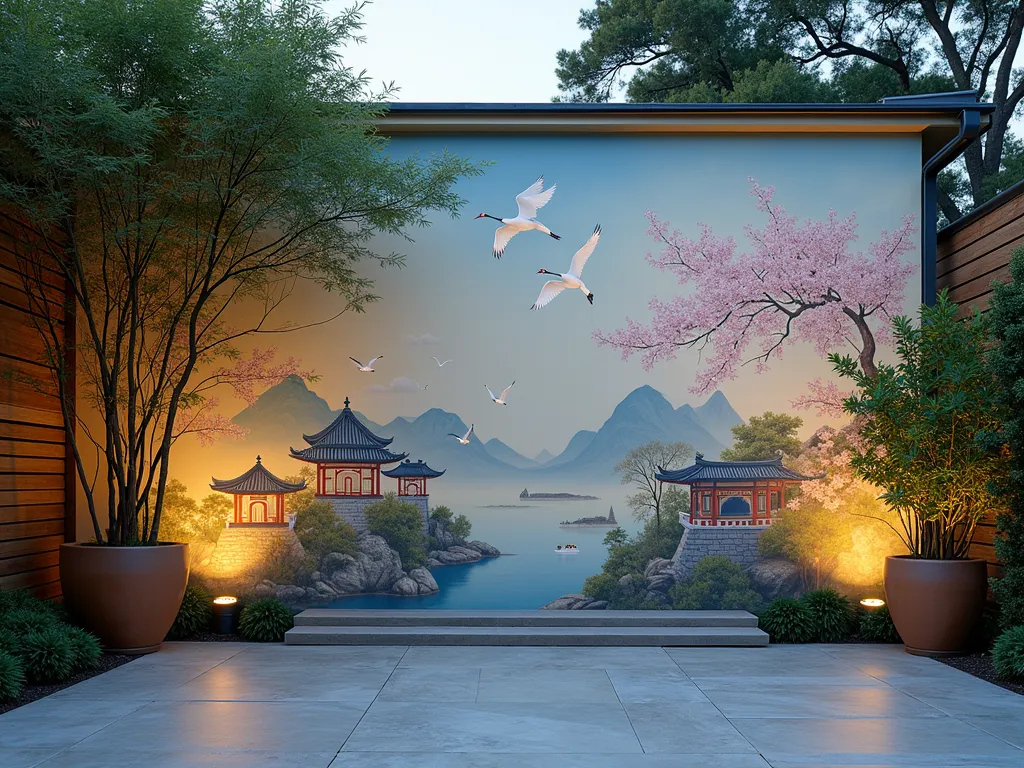 Ethereal Chinoiserie Garden Wall - A sophisticated garden wall mural at dusk, photographed with a wide-angle lens capturing an elegant Chinoiserie-style painting featuring delicate cherry blossoms, graceful cranes, and traditional Chinese landscapes in soft blue, gold, and ivory tones. The wall serves as a stunning backdrop to a modern patio space, where potted bamboo creates dramatic shadows against the painted surface. Ornate painted pavilions and ethereal cloud motifs flow across the wall, while climbing jasmine frames the edges naturally. Soft garden lights illuminate the scene, creating a magical atmosphere where the painted birds seem to come alive in the evening light. Shot with a digital camera, 16-35mm lens, f/2.8, ISO 400, capturing the rich details and atmospheric lighting of this Eastern-inspired outdoor sanctuary.