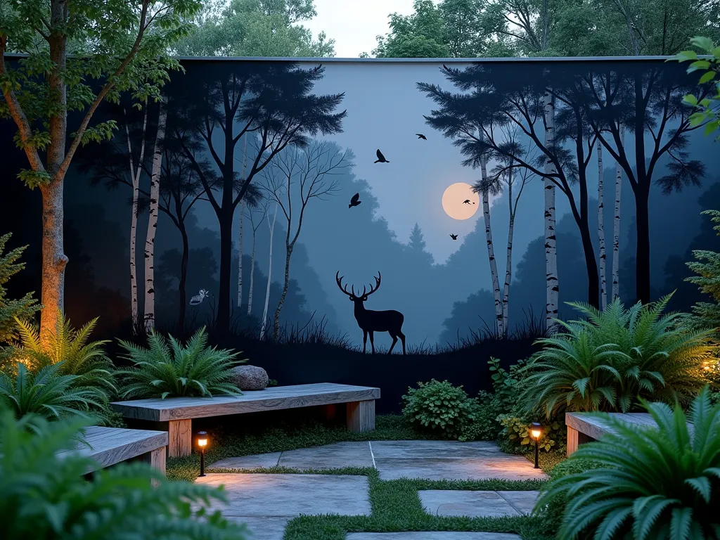 Ethereal Forest Wall Garden - A moody twilight garden scene featuring a tall garden wall painted with silhouettes of misty pine and birch trees in various shades of deep blue and gray. The wall art transitions from dark at the bottom to lighter at the top, creating depth. Subtle silver moonlight filters through the painted tree branches, while delicate shadows of deer and owl silhouettes add whimsical woodland elements. In the foreground, a natural stone pathway leads to a cozy seating area with weathered wooden benches. Lush ferns, hostas, and Japanese forest grass cascade along the base of the wall, their foliage catching the dusky light. Small solar lights tucked among the plants cast a gentle glow, making the painted forest scene come alive. Shot with a wide-angle lens to capture the full magical atmosphere of the space, with soft bokeh effects in the foreground plantings. Photorealistic, cinematic quality, high-end garden design.