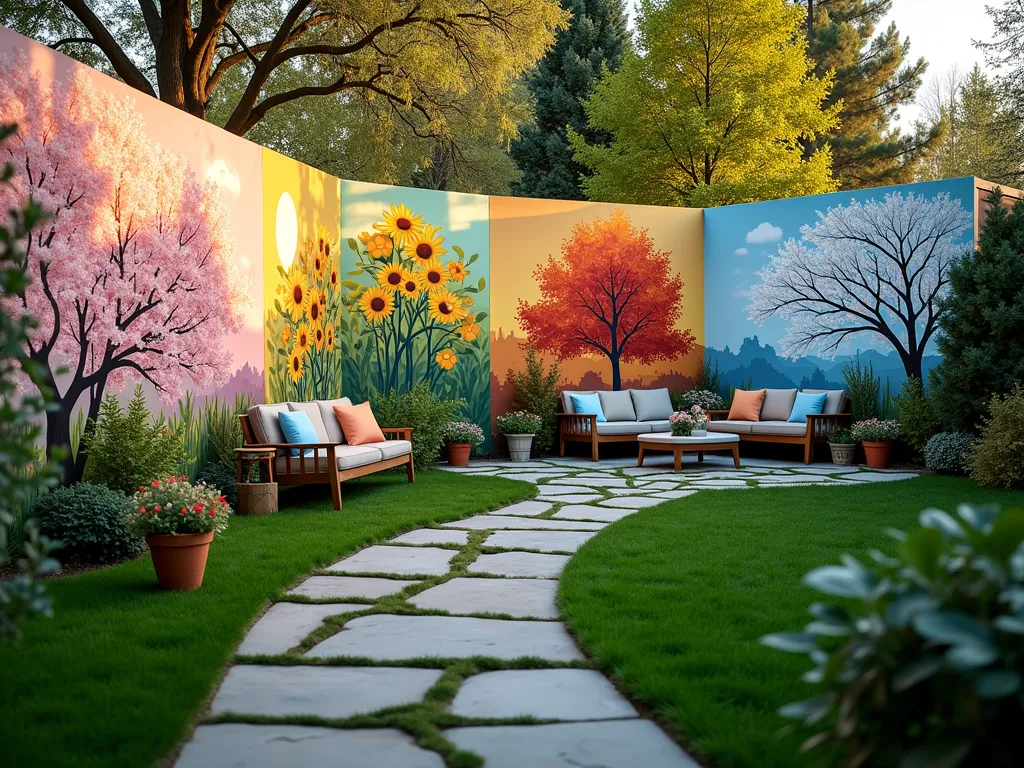 Four Seasons Garden Wall Mural - A stunning wide-angle DSLR photograph of a residential backyard featuring a large painted garden wall divided into four equal sections, each depicting a different season. From left to right: spring cherry blossoms with soft pink petals and emerging green leaves, summer's lush garden with vibrant sunflowers and climbing roses, autumn's warm palette of golden maple leaves and red vines, and winter's serene scene with snow-covered branches and evergreens. The wall is photographed at golden hour, with natural sunlight casting warm shadows across the artistic panels. A curved stone pathway leads to a small patio area with comfortable seating, while actual seasonal plants complement each section of the mural. Shot at f/8 with perfect depth of field, capturing both the intricate mural details and the surrounding garden landscape in crisp detail.