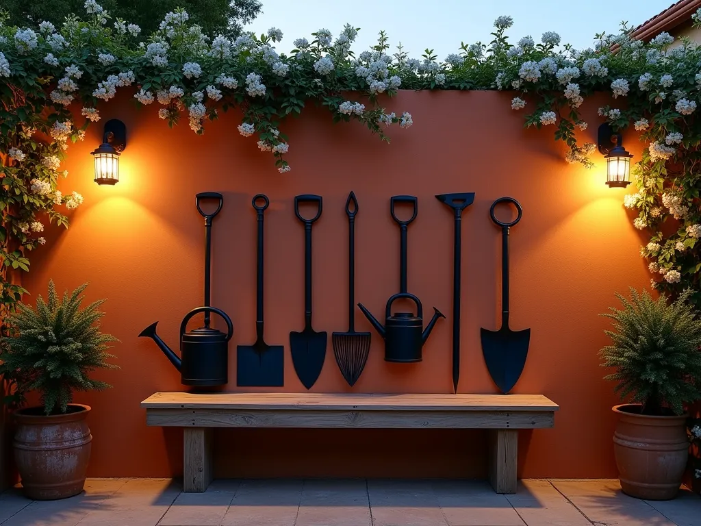 Artistic Garden Tool Silhouettes Wall Art - A stunning dusk scene of a modern patio wall featuring elegant black silhouettes of vintage garden tools arranged in an artistic pattern against a warm terracotta background. The wall art displays carefully arranged shapes of watering cans, spades, pruning shears, and rakes in a rhythmic composition. Soft ambient lighting from wall-mounted lanterns casts gentle shadows, creating depth and dimension. Climbing jasmine frames the edges of the wall, while a rustic wooden potting bench below complements the design. The scene is captured in a wide-angle view, showing how the wall art integrates perfectly with the outdoor living space, photographed during golden hour with warm, directional lighting enhancing the artistic shadows.