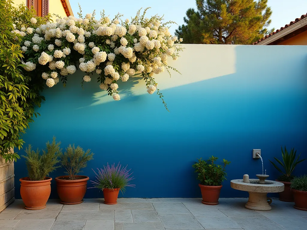 Mediterranean Blue Ombré Garden Wall - A stunning garden wall photographed during golden hour, featuring a mesmerizing ombré gradient transitioning from deep navy at the base to light azure blue at the top, reminiscent of Mediterranean coastal villas. Shot at f/2.8 with a 16-35mm lens, capturing the wall's full height and the way sunlight plays across the gradient. White-flowering jasmine and cascading bougainvillea climb elegantly against the blue backdrop, while terracotta pots with lavender and olive plants line the base. A rustic wooden bench and Mediterranean-style fountains complete the scene. The wall's smooth texture and professional paint finish are clearly visible, with the golden sunlight creating subtle shadows that emphasize the color transition.