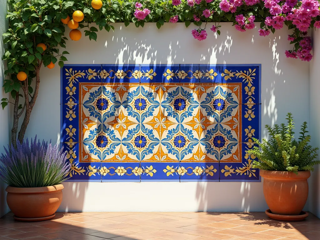 Mediterranean Garden Wall Mural - A close-up shot of a pristine white garden wall adorned with an intricately painted Mediterranean-inspired tile pattern in rich cobalt blue, terracotta, and golden ochre. The detailed geometric patterns and floral motifs create a stunning mosaic effect, reminiscent of traditional Spanish and Portuguese azulejos. The wall serves as a backdrop to a cozy Mediterranean-style patio corner, where potted citrus trees and cascading bougainvillea add natural color. Late afternoon sunlight casts intricate shadows across the painted design, enhancing its dimensional appearance. A weathered terracotta pot with lavender sits in the foreground, completing the Mediterranean atmosphere. Photorealistic, highly detailed, 4K quality.