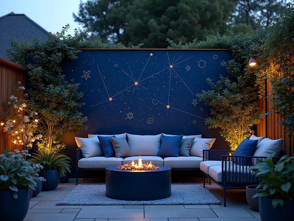 Enchanting Midnight Galaxy Garden Wall - A captivating nighttime garden scene featuring a tall garden wall painted in deep midnight blue, adorned with intricate hand-painted constellations and celestial patterns in metallic silver and gold. Tiny white dots create a mesmerizing starfield effect across the wall. The wall is photographed at dusk from a 45-degree angle, with soft landscape lighting illuminating the base. Modern outdoor furniture casts dramatic shadows, while climbing jasmine and silver-leafed plants add organic texture. Strategically placed LED spots create a magical glow, highlighting the metallic elements. Shot with shallow depth of field focusing on the wall's celestial details, with bokeh effects from string lights in the background creating additional 'stars'. The composition includes a cozy seating area with plush cushions in deep blue and silver tones, completing the ethereal outdoor space.