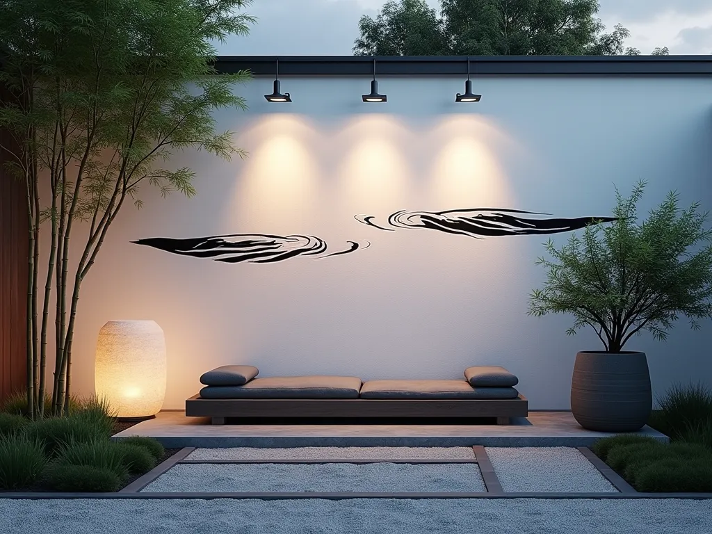 Minimalist Japanese Zen Garden Wall - A serene outdoor garden scene at dusk featuring a stunning minimalist wall painting in traditional Japanese zen style. The wall, painted in bold black brushstrokes on a pristine white background, depicts abstract flowing lines representing water ripples and stone patterns. The wall art is perfectly complemented by a small zen garden below with carefully raked gravel patterns. Natural stone lanterns cast gentle shadows, while potted bamboo plants frame the composition. Shot from a medium-wide angle to capture both the wall art and surrounding garden elements, with soft twilight creating a peaceful, meditative atmosphere. Professional DSLR photo with precise exposure and stunning depth of field, capturing the interplay of light and shadow.