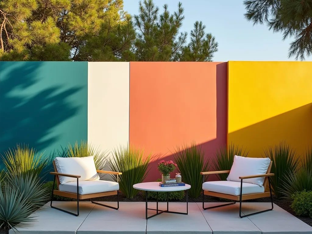 Modern Abstract Garden Wall Blocks - A stunning modern garden wall featuring bold geometric color blocks in vibrant teal, coral, and sunshine yellow against a clean white base, photographed during golden hour. The wall serves as a dramatic backdrop to a contemporary outdoor seating area with minimalist furniture. Architectural succulents and tall ornamental grasses create organic contrast against the geometric design. Shot with a wide-angle lens capturing the entire wall composition while showing how it integrates with the surrounding landscape. Natural shadows from nearby trees create interesting patterns across the color blocks, adding depth and dimension. Professional DSLR photography with crisp focus and perfect exposure highlighting the interplay of colors and textures. f/8, ISO 100, 1/125 sec.