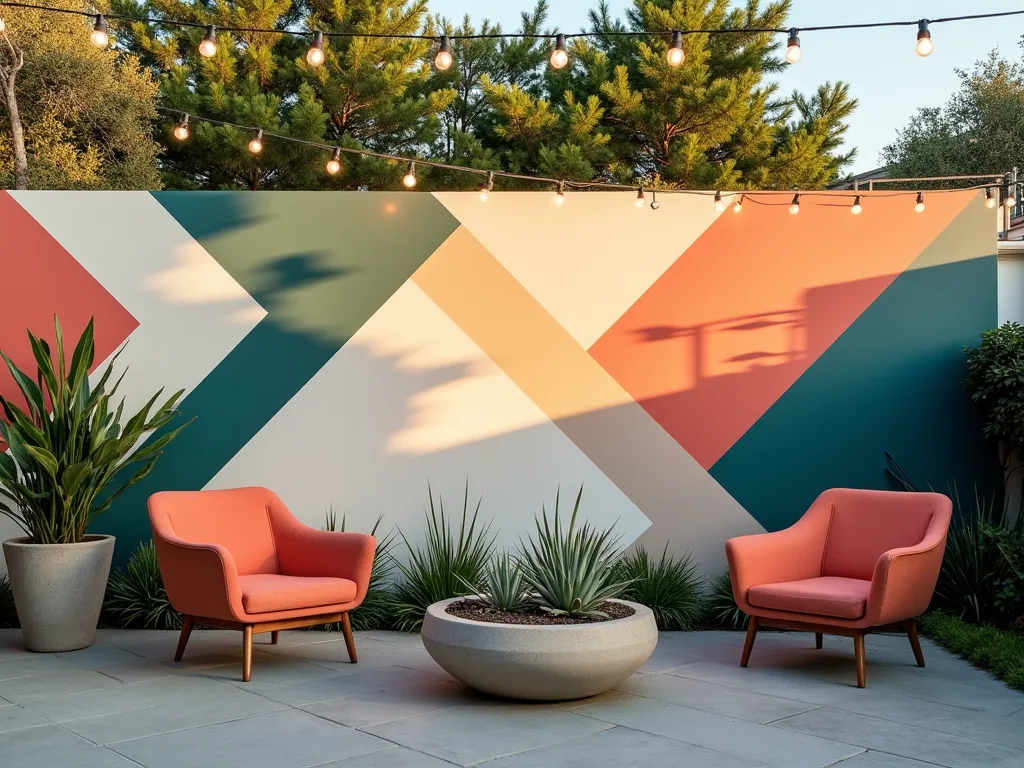 Modern Geometric Garden Wall Art - A stunning garden wall photographed during golden hour, featuring a bold geometric pattern in teal, coral, and white. Clean, crisp lines form interconnecting triangles, hexagons, and diamonds across a smooth concrete wall. The wall serves as a dramatic backdrop to a modern urban garden space, where sculptural potted plants cast interesting shadows across the geometric design. Shot with a wide-angle lens at f/2.8, capturing the entire wall composition while maintaining sharp detail in the pattern work. Soft evening light creates subtle depth in the geometric shapes, while string lights draped above add a magical ambiance. Contemporary outdoor furniture in complementary colors anchors the space, with a sleek concrete planter containing architectural succulents in the foreground.