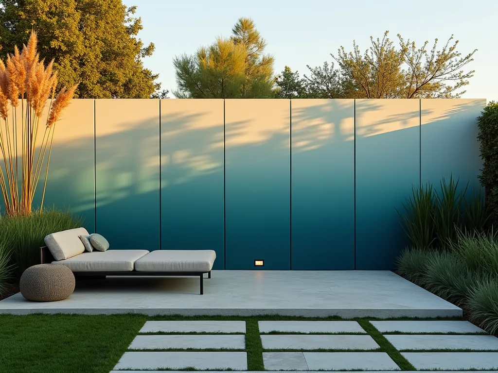 Modern Gradient Garden Wall - A sophisticated modern garden wall painted with large rectangular blocks featuring a seamless gradient transition from deep azure blue to soft sage green, photographed during golden hour. The wall serves as an artistic backdrop to a contemporary patio space with minimalist outdoor furniture. A row of tall ornamental grasses creates dynamic shadows on the gradient wall, while strategic uplighting emphasizes the smooth color transition. Captured with a wide-angle lens at f/8, showcasing the entire wall composition while maintaining crisp detail of both the paint treatment and surrounding landscape elements. The warm evening light adds depth to the color gradient, creating an outdoor gallery atmosphere.