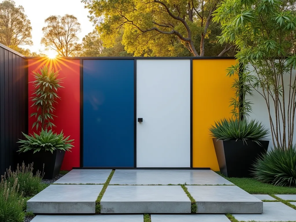 Mondrian-Inspired Garden Wall - A stunning modernist garden wall painted in Mondrian's signature style, featuring bold geometric blocks in primary colors (red, blue, yellow) separated by thick black lines against a crisp white background. The wall serves as a dramatic backdrop to a contemporary garden space, photographed during golden hour. A sleek concrete patio extends from the base, decorated with minimalist black planters containing architectural plants. The composition is captured in a wide-angle perspective, showing how the artistic wall integrates with the surrounding landscape design. Shot with natural lighting that emphasizes the vibrancy of the colors and creates subtle shadows across the geometric patterns. The clean lines of the wall contrast beautifully with the organic shapes of carefully placed bamboo and ornamental grasses. High-end professional photography with sharp detail and perfect exposure, f/2.8, 16-35mm lens.