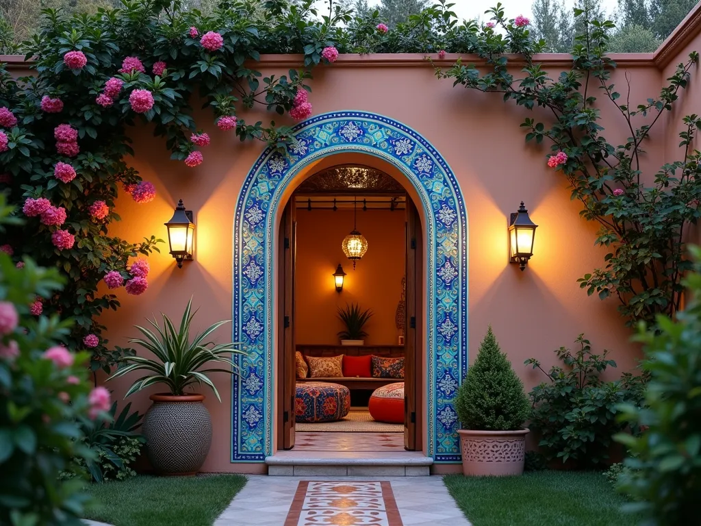 Moroccan Garden Archway with Intricate Tile Pattern - A stunning garden wall featuring a painted Moroccan-style archway at dusk, illuminated by warm garden lights. The archway is meticulously painted with vibrant blue, turquoise, and gold geometric patterns reminiscent of traditional Moroccan zellige tiles. The wall is pale terracotta colored, creating a perfect backdrop for the intricate design. Climbing jasmine and bougainvillea frame the archway, while Mediterranean potted plants line the pathway leading through it. The perspective is slightly angled to show both the detailed tilework and the depth created by the false archway, with soft lighting casting magical shadows that enhance the three-dimensional effect. A cozy seating area with colorful Moroccan poufs and lanterns is visible through the archway, creating an enchanting secret garden atmosphere.