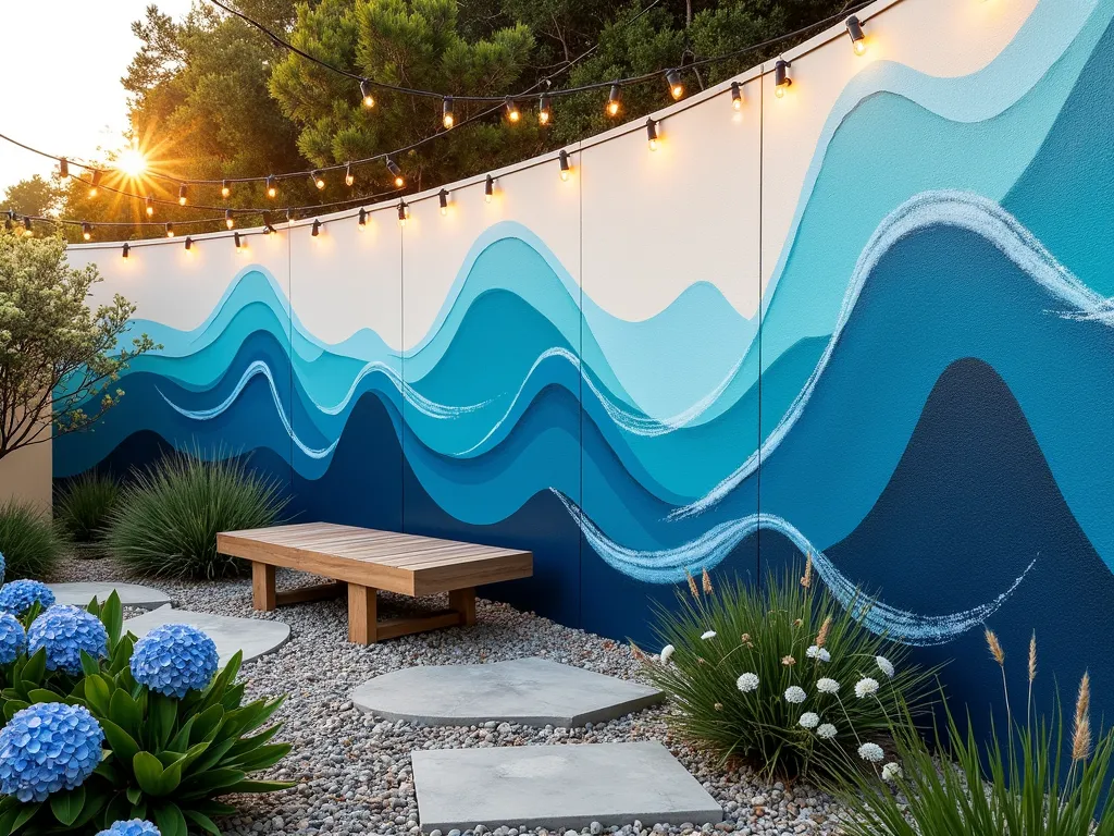 Ocean Wave Garden Wall Mural - A stunning garden wall mural depicting ethereal ocean waves in various shades of azure, turquoise, and deep navy blue, painted in a flowing, abstract style. The wall curves gently, photographed during golden hour, with soft sunlight casting warm highlights on the textured wave patterns. Coastal ornamental grasses like Blue Lyme and Mexican Feather Grass sway in the foreground, creating a harmonious connection with the painted waves. A modern teak garden bench sits against the wall, while blue hydrangeas and white agapanthus bloom nearby. The wide-angle composition captures the full sweeping motion of the wave design, while string lights draped above add a magical ambiance. The garden space features a natural stone pathway leading to the wall, with beach pebbles and crushed shells adding authentic coastal elements.