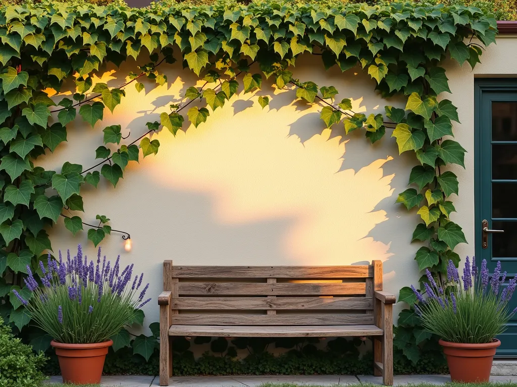 Painted Climbing Vine Garden Wall - A stunning close-up shot of a garden wall at golden hour, featuring intricately painted climbing vines with lifelike shadows and highlights. The trompe l'oeil vine artwork seamlessly blends with real Boston Ivy beginning to climb the wall, creating a mesmerizing illusion of depth. The warm evening sunlight casts natural shadows across the textured wall surface, emphasizing the 3D effect of the painted foliage. A rustic wooden bench sits beneath the wall, surrounded by potted lavender plants, while string lights draped above add a magical ambiance. The photorealistic painted vines appear to dance across the cream-colored wall surface, their leaves varying in shades of emerald and sage green, with detailed veining and dimensional shadows that fool the eye.