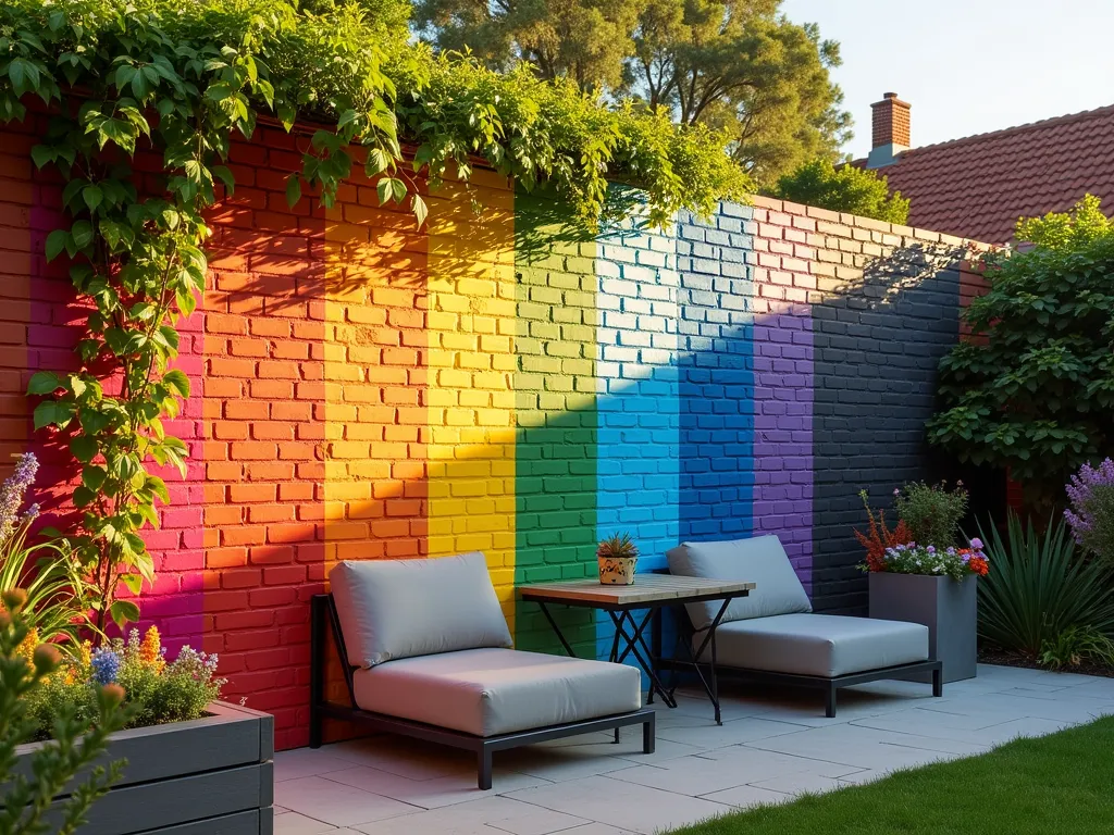 Vibrant Rainbow Brick Garden Wall - A contemporary garden wall with each brick painted in different vibrant rainbow colors, photographed during golden hour. The wall features a harmonious gradient of colors from warm reds and oranges to cool blues and purples. Modern outdoor furniture sits beneath the wall, while climbing jasmine weaves between bricks. A child's playful garden space is visible with colorful planters and whimsical decorations. Shot from a medium angle to showcase both the detailed brick painting and the surrounding garden context. The sunlight casts warm shadows that enhance the three-dimensional effect of the painted bricks, creating a pop-art inspired outdoor gallery feel.