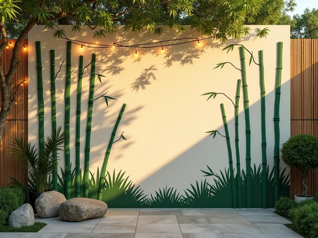 Serene Bamboo Wall Garden - A stunning garden wall mural featuring life-sized painted bamboo stalks at dusk, photographed with a DSLR camera. The hand-painted bamboo stems rise gracefully from 2 to 8 feet in height against a soft cream-colored garden wall, created with varying shades of sage green, forest green, and warm brown tones. Golden evening light casts gentle shadows across the textured wall surface, enhancing the three-dimensional effect of the painted stalks. Small clusters of painted bamboo leaves in different green hues add movement and depth. A stone zen garden and actual potted bamboo plants in the foreground complement the mural, while string lights weave through real bamboo screening above create a magical atmosphere. The wide-angle composition captures both the artistic detail of the mural and its harmonious integration into the peaceful garden setting.