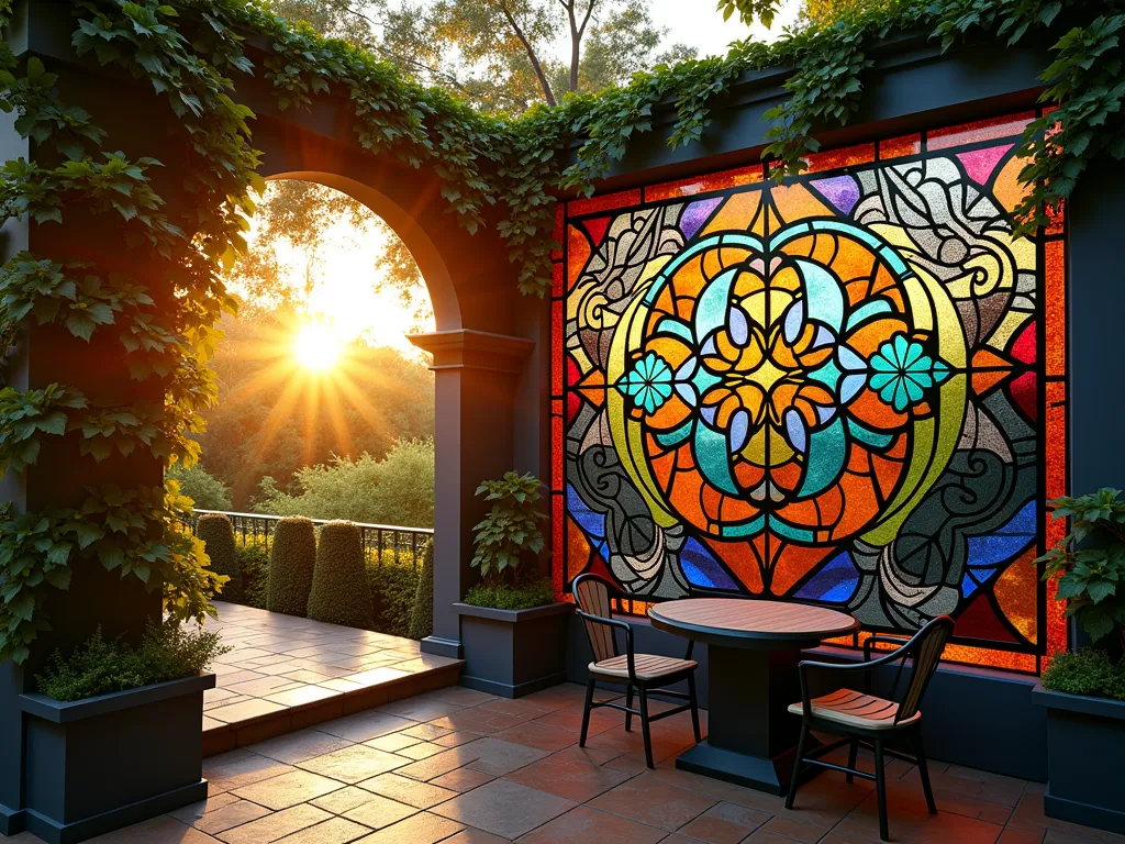 Stained Glass Garden Wall Sunset - A stunning garden wall photographed at sunset, featuring an intricate stained glass-inspired mural with geometric patterns and flowing designs. The wall is painted with vibrant jewel tones including sapphire blue, emerald green, ruby red, and amber, separated by bold black outlines creating a mosaic effect. The setting sun pierces through nearby trees, illuminating the wall from behind and making the colors glow like real stained glass. A cozy patio seating area is partially visible in the foreground, with climbing jasmine framing the edges of the painted wall. Shot with a wide-angle lens capturing the full dramatic effect of the backlit mural, with subtle lens flare adding to the magical atmosphere. Professional architectural photography, cinematic lighting, ultra-detailed, 16-35mm, f/2.8, golden hour