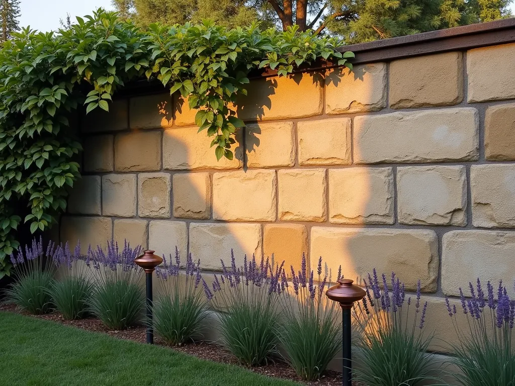 Elegant Stone Block Garden Wall Illusion - A stunning trompe l'oeil mural on a garden wall, photographed during golden hour. The expertly painted faux stone blocks create a convincing 3D illusion on a concrete wall, complete with realistic shadows and weathered textures. The wall features varying sizes of painted limestone blocks in warm beige and grey tones, with subtle moss and aging effects. A climbing jasmine plant partially drapes over one corner, adding natural depth to the illusion. The foreground showcases a well-manicured garden bed with lavender plants, while copper garden lights cast a warm glow on the painted surface. Shot with a DSLR camera at f/8, capturing the intricate details of the painted stonework while maintaining context of the surrounding garden setting. Natural evening light enhances the shadow work of the trompe l'oeil technique.