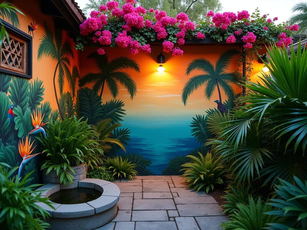 Tropical Paradise Garden Wall Mural at Dusk - A stunning DSLR wide-angle photograph of a small urban garden transformed by a vibrant tropical wall mural, captured at golden hour. The painted wall features photorealistic palm trees, birds of paradise flowers, and exotic parrots in rich emerald greens, deep blues, and vibrant oranges. Trellis-climbing bougainvillea frames the mural's edges, while strategically placed real palm plants and tropical ferns blend seamlessly with their painted counterparts. Solar-powered garden lights cast a warm glow on the scene, creating depth and dimension. A small stone water feature reflects the mural's colors, enhancing the paradise-like atmosphere. The composition shows how the mural creates an optical illusion of extended space in the intimate garden setting, shot at f/8 with natural dusk lighting highlighting the artwork's dimensional effect.