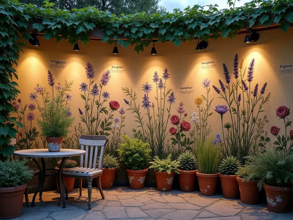 Vintage Botanical Wall Garden Guide - A stunning garden wall painted with large-scale vintage botanical illustrations at dusk, photographed with a digital camera using a 16-35mm lens at f/2.8, ISO 400. The wall features meticulously detailed Victorian-era style botanical drawings of various garden specimens, including lavender, roses, and ferns, complete with scientific labels and delicate line work in muted earth tones. The illustrations are illuminated by warm garden lights, casting gentle shadows across the textured wall surface. In the foreground, actual living specimens of the depicted plants grow in weathered terracotta pots, creating a captivating dialogue between art and nature. The scene is set in a cozy patio corner with climbing vines naturally framing the painted illustrations, while vintage-style garden furniture adds authenticity to the setting