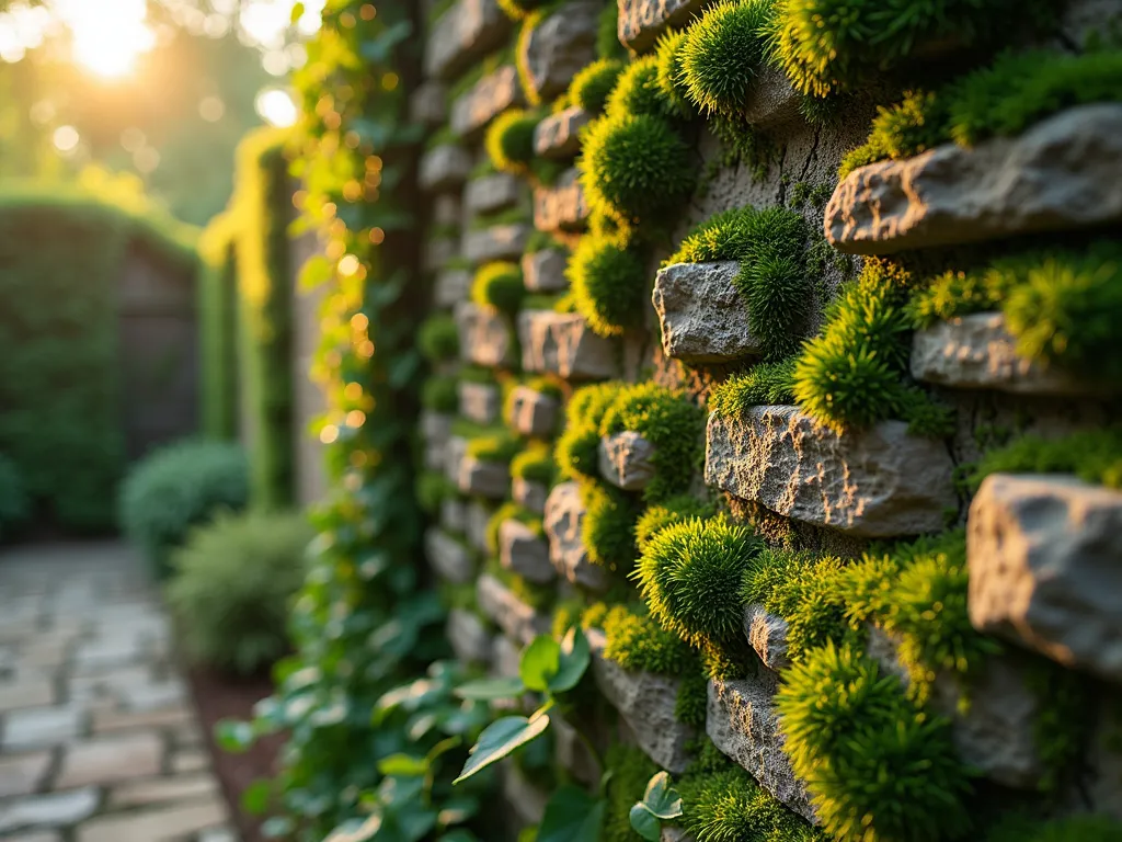 Vintage Moss-Textured Garden Wall - A close-up photograph of an artistic garden wall with a masterfully painted moss effect texture, captured during golden hour. The wall features layers of deep forest greens and earth tones blended to create a realistic moss-covered stone appearance. Soft evening light casts gentle shadows across the textured surface, highlighting the dimensional quality of the faux moss effect. Small clusters of climbing ivy frame the edges, adding authenticity to the aged look. Shot with a shallow depth of field at f/2.8, creating a dreamy bokeh effect in the background garden space. The wall's weathered appearance seamlessly integrates with the surrounding landscape, appearing as if it has stood for centuries in this tranquil garden setting.