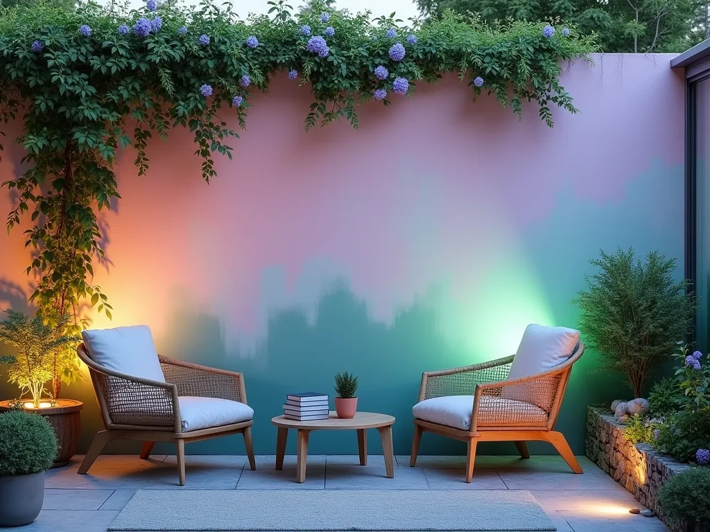 Ethereal Rainbow Garden Wall - A serene garden wall showcasing a stunning watercolor wash effect at dusk, where soft pastel colors of lavender, mint green, coral, and sky blue blend seamlessly into each other. The wall features gentle color transitions reminiscent of a summer sunset, with the paint technique creating a dreamy, ethereal backdrop. Climbing jasmine and delicate ferns grace the foreground, while strategic garden lighting casts a warm glow on the paintwork, enhancing its magical quality. Medium-wide shot perspective capturing both the full effect of the wall and the surrounding garden elements, including contemporary garden furniture and potted plants that complement the wall's artistic expression.