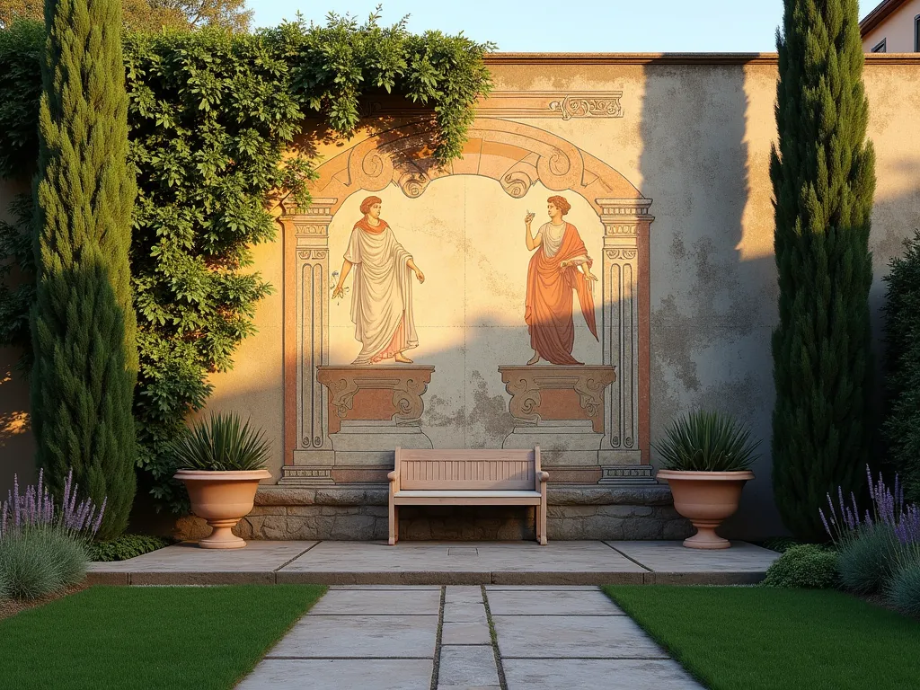 Weathered Roman Garden Fresco - A sophisticated garden wall featuring a weathered Roman fresco mural, photographed during golden hour. The large-scale painting depicts classical scenes of ancient Roman gardens with toga-clad figures, ornate fountains, and Mediterranean flora. The artfully distressed painting shows subtle aging cracks and patina, creating an authentic old-world appearance. The wall is partially covered by climbing ivy and flanked by mature cypress trees, creating depth and dimension. A stone pathway leads to an intimate seating area with classical urns and terracotta planters filled with lavender and rosemary. Shot with a wide-angle lens to capture the full expanse of the mural, with soft evening light casting warm shadows across the textured surface. DSLR photo, f/8, ISO 100, 1/125s.