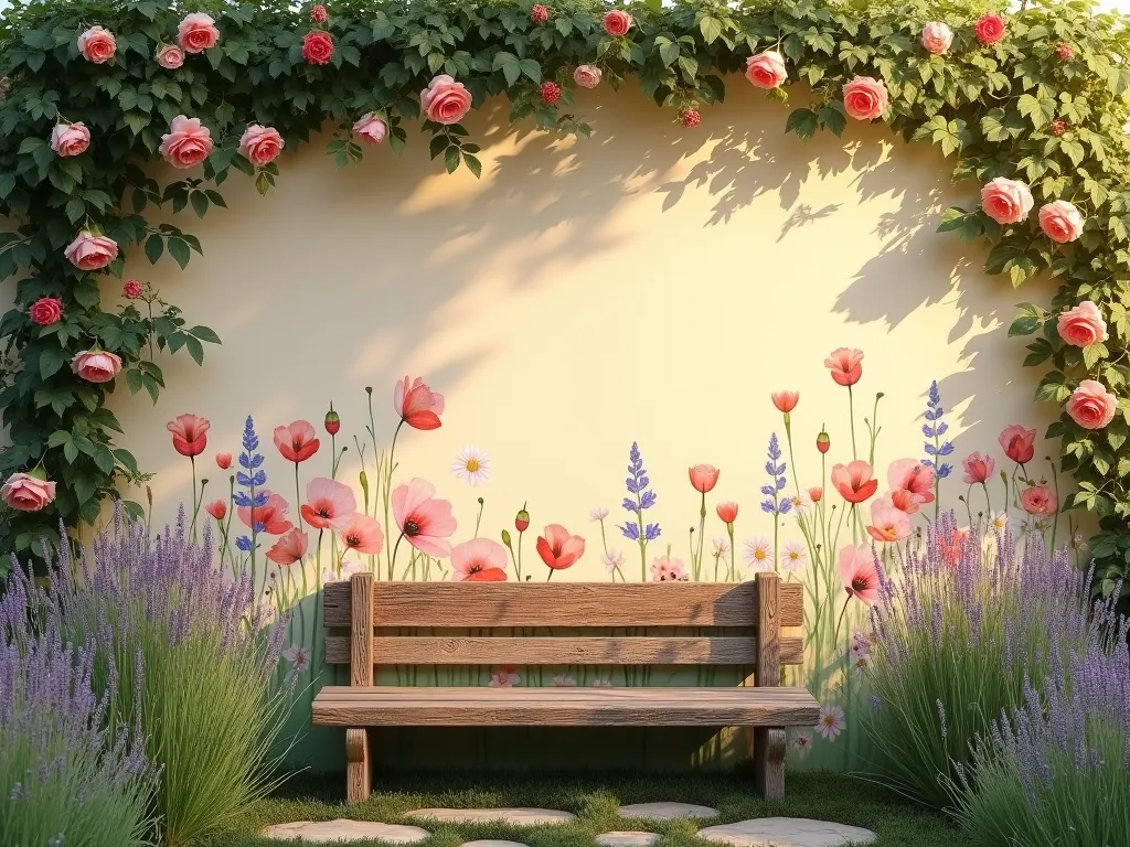 Enchanting Wildflower Garden Wall Mural - A charming garden wall painted with a dreamy wildflower meadow mural at golden hour. The wall features delicately painted poppies, daisies, and cornflowers in soft watercolor style against a warm cream background. Natural sunlight casts gentle shadows across the textured surface, while actual climbing roses frame one corner of the mural. A rustic wooden bench sits beneath the wall, surrounded by lavender plants and natural grasses. Wide-angle shot capturing the entire wall composition with the surrounding cottage garden elements, photographed with soft natural lighting creating a magical, storybook atmosphere. 8K, highly detailed, photorealistic, architectural photography.