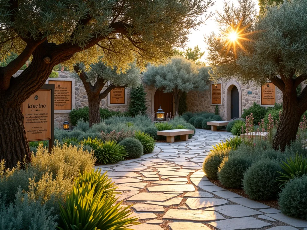 Biblical Garden with Ancient Plants - A serene twilight garden scene featuring a winding stone path through a collection of biblical plants. In the foreground, a mature olive tree casts dappled shadows on a rustic wooden plaque describing its significance. Behind it, a flourishing fig tree spreads its broad leaves, while beds of aromatic hyssop and myrrh create a fragrant border. Natural stone benches are nestled among the plants, and warm lantern light illuminates hand-carved cedar plaques sharing biblical verses. Captured with a wide-angle lens creating depth, with golden hour sunlight filtering through the olive branches. The composition includes a small meditation area with a weathered stone water feature, photographed at f/2.8 for dreamy bokeh effect.