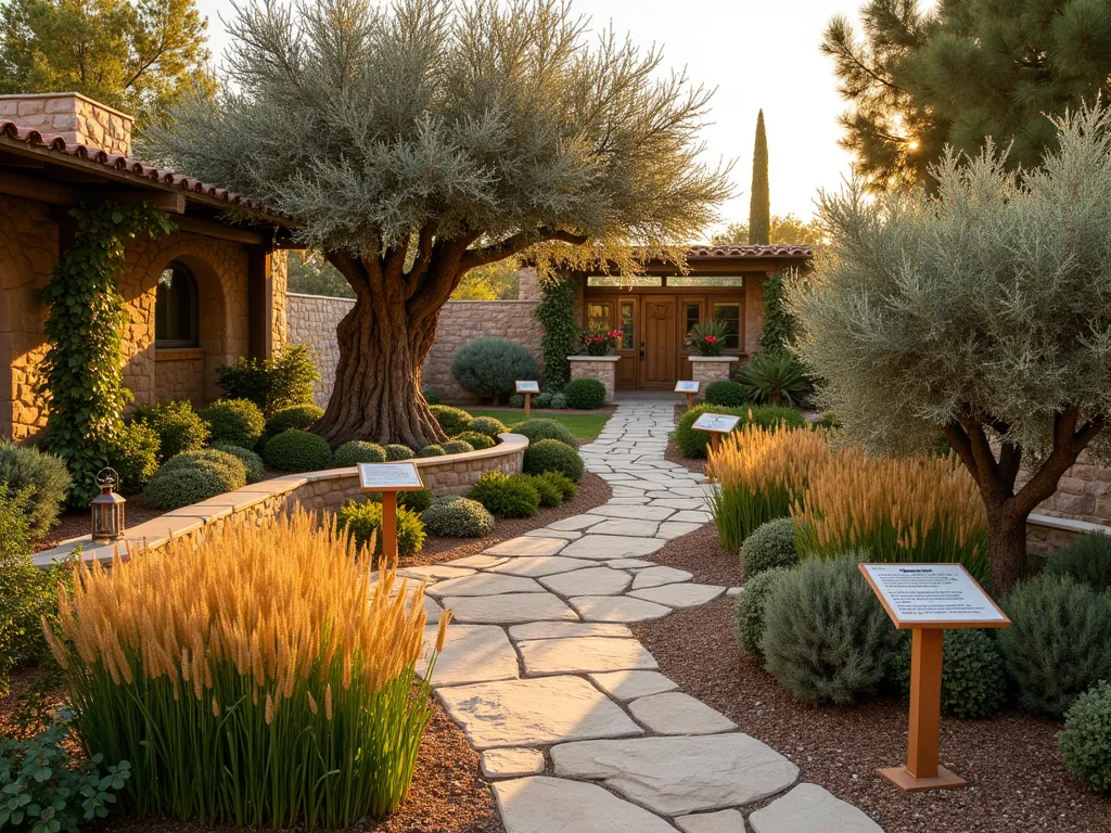 Biblical Seven Species Garden at Sunset - A serene and intimate prayer garden at golden hour, photographed with a wide-angle lens at f/2.8. Natural stone pathways weave through an educational display of the seven biblical species. Mature grape vines trail elegantly over a wooden pergola, while a ancient-looking olive tree serves as a focal point. Wheat and barley sway gently in raised stone beds, their golden heads catching the warm sunset light. Fig trees and pomegranate bushes frame the space, with their fruits visible. A young date palm rises gracefully in the background. Rustic wooden signs with biblical verses and plant information are artfully placed near each species. Mediterranean-style stone walls and copper lanterns create a timeless atmosphere. The scene is captured with warm, golden lighting that highlights the textures of the plants and creates a spiritual ambiance.