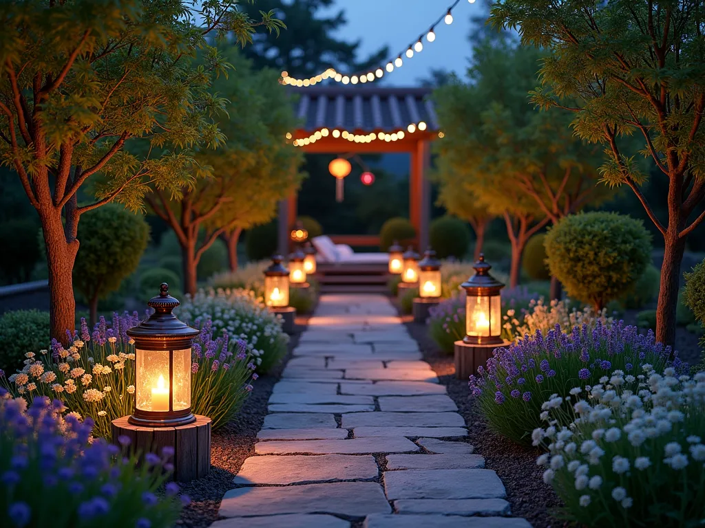 Enchanted Evening Prayer Garden Path - A serene garden path at dusk, photographed with a wide-angle 16-35mm lens at f/2.8, illuminated by ornate bronze lanterns and glowing solar lights. Weathered stone pavers wind through beds of lavender and white moonflowers. Vintage-style glass hurricane lamps with flickering LED candles rest on rustic wooden pedestals, creating pools of warm light. Japanese maple trees frame the scene, their delicate leaves silhouetted against the deep blue twilight sky. Meditation cushions rest on a small wooden platform surrounded by softly glowing paper lanterns, while string lights draped overhead create a celestial canopy effect. The atmospheric lighting creates dramatic shadows and highlights, with the camera's ISO 400 capturing the magical interplay of natural and artificial light.