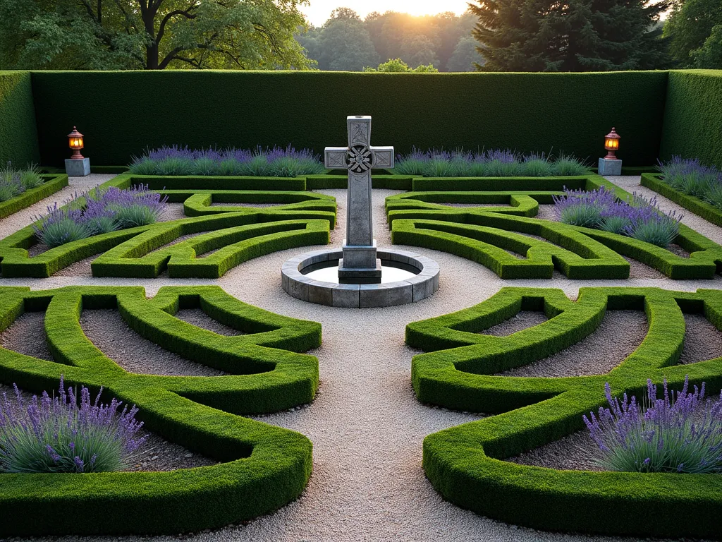 Celtic Knot Prayer Garden at Dusk - A meticulously designed formal garden featuring an intricate Celtic knot pattern viewed from a slightly elevated angle at dusk. The pattern is created with neatly trimmed dwarf boxwood hedges forming continuous interwoven loops and crossings. The paths between the knots are made of light-colored crushed gravel that glows softly in the evening light. In the center stands a small stone Celtic cross fountain. The spaces within the knot design are filled with aromatic herbs like lavender, thyme, and sage in varying shades of green and purple. Copper garden lanterns along the paths cast a warm, gentle illumination on the geometric patterns. Stone benches are thoughtfully placed at the corners for meditation, while mature yew trees in the background create a sense of enclosure and sanctuary. The entire garden is captured in the golden hour light, with long shadows emphasizing the three-dimensional quality of the knot design.