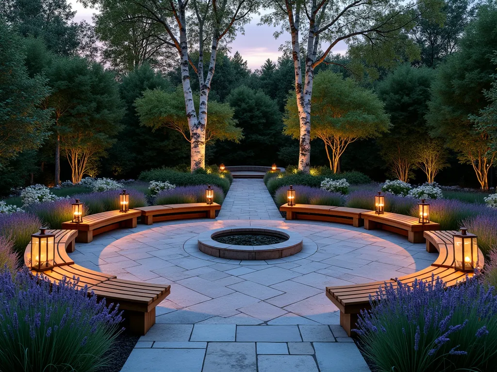 Tranquil Meditation Circle Garden at Dusk - A serene circular garden space at dusk, photographed from a slightly elevated angle. A perfect circle of natural stone pavers forms the foundation, surrounded by curved wooden benches facing inward. The benches are weathered teak, creating a warm contrast against the cool stone. Surrounding the circle, waves of fragrant lavender and white moonflowers create a soft, ethereal boundary. Japanese forest grass sways gently between the benches, while climbing jasmine trails up discrete copper arches between seating areas. Solar-powered lanterns cast a gentle, warm glow across the space, illuminating the meditation circle as the sky transitions to deep purple. A simple stone water feature serves as the circle's centerpiece, its gentle trickle adding to the peaceful atmosphere. The entire space is backdropped by mature silver birch trees, their white bark catching the last light of day.