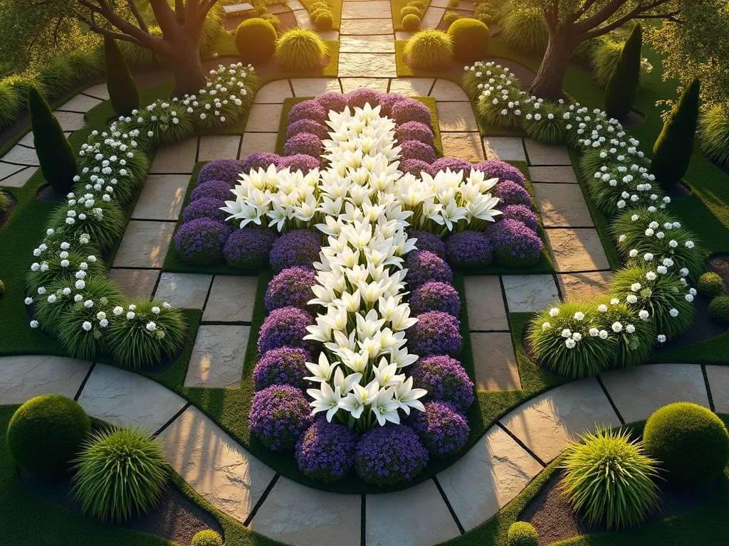 Cross-Shaped Sacred Garden at Dawn - A breathtaking overhead view of a meticulously designed prayer garden featuring a large cross-shaped flower bed at dawn. The cross is crafted from white flowering plants including Peace Lilies and White Petunias, bordered by deep purple Lavender. Morning dew glistens on the petals as golden sunlight streams across the garden. Natural stone pathways wind around the cross, lined with meditation benches. The surrounding space features soft ornamental grasses and white Japanese Anemones creating a peaceful atmosphere. A small water feature bubbles quietly in one corner, while mature Cherry Blossom trees frame the sacred space. Shot from an elevated angle with a DSLR camera using a wide-angle lens, f/8 aperture, capturing the ethereal morning light and the sacred geometry of the design. The composition showcases perfect symmetry and spiritual symbolism in garden design.