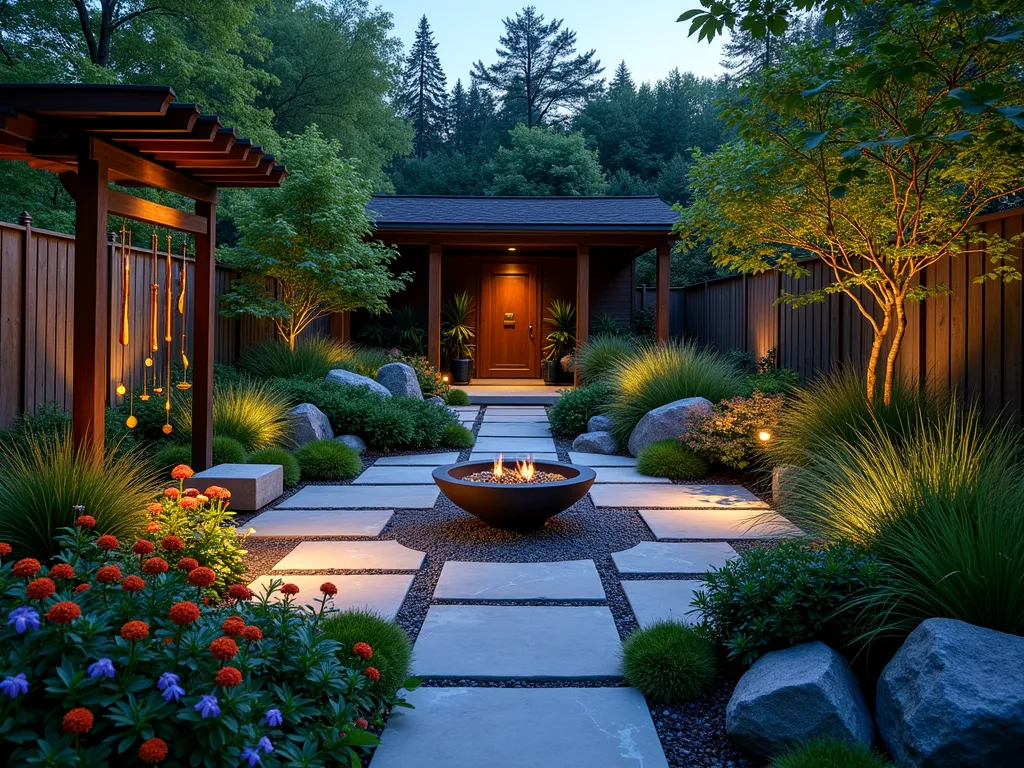 Four Elements Prayer Garden - Breathtaking twilight view of a harmonious four-element prayer garden, photographed with a wide-angle lens. A central stone pathway divides the space into four distinct areas. In the earth quarter, natural stone pavers and lush moss gardens create a grounding presence. The air section features tall ornamental grasses swaying beneath copper wind chimes hanging from a wooden pergola. The fire quarter showcases a granite fire pit surrounded by red and orange lantana flowers. The water section contains a three-tiered copper fountain with gentle cascading water, bordered by blue iris and water lilies. Soft landscape lighting illuminates each element, while Japanese maple trees frame the scene. Shot during blue hour with subtle uplighting, creating a magical atmosphere that highlights the interplay between the elements.