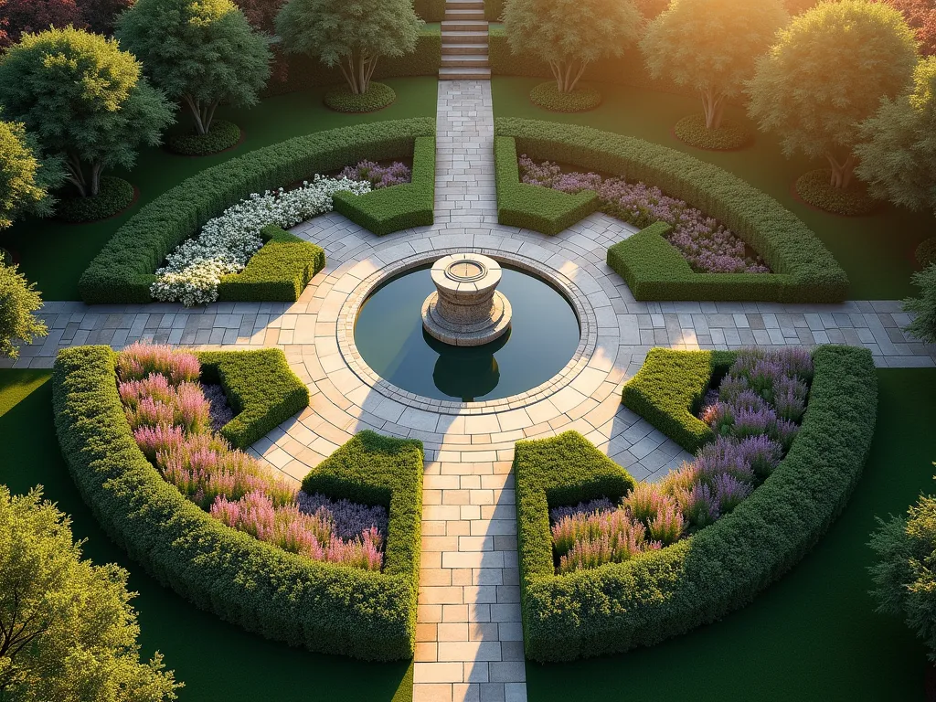 Four Seasons Prayer Garden Sanctuary - A stunning aerial view of a circular garden divided into four distinct quadrants, each representing a season, photographed at golden hour with long shadows. The quadrants flow seamlessly into each other through curved pathways lined with natural stone. Spring section features blooming cherry blossoms and tulips in soft pink hues. Summer quadrant showcases vibrant purple lavender and white roses in full bloom. Fall area displays Japanese maples with rich red foliage and ornamental grasses. Winter section features evergreen boxwoods and white-barked birch trees. Central focal point shows a carved stone meditation bench surrounded by a circular reflecting pool. Natural stone pathways connect all sections, with archways covered in seasonal vines marking transitions. Soft, directional lighting highlights key features, captured with DSLR camera, f/8 aperture, creating a dreamy yet sharp image with perfect depth of field. 8K resolution, photorealistic, architectural landscape photography.