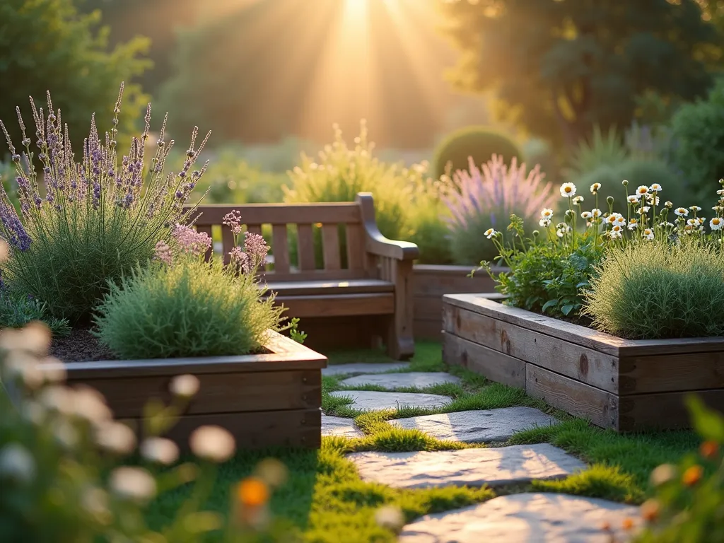 Tranquil Healing Herb Garden at Dawn - A serene raised garden bed scene at dawn, with golden sunlight filtering through morning mist. Three tiered cedar raised beds arranged in a half-circle formation, filled with lush healing herbs. Prominent sprigs of silvery lavender, sage, and delicate chamomile flowers create a tapestry of soft purples, greens, and whites. A weathered wooden meditation bench nestled between the beds, positioned perfectly for quiet contemplation. Ornate copper plant markers catch the early light. Soft bokeh effect in foreground highlighting dewdrops on herb leaves. Shot from a low angle at f/2.8 to create dreamy depth of field, with ethereal morning light creating a peaceful atmosphere. Natural stone pathway leading to the meditation area.