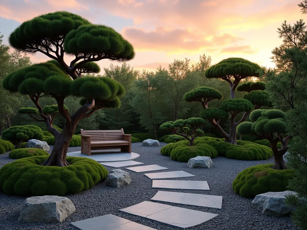 Japanese Cloud-Pruned Meditation Garden - A serene Japanese-inspired garden at dusk featuring expertly cloud-pruned Niwaki juniper trees with organic, flowing shapes against a warm sunset sky. A peaceful Zen meditation area includes a simple wooden bench nestled among the sculptural shrubs. Natural stone pavers create a winding path through the garden, while crushed granite gravel adds texture and subtle movement. Low-growing moss gardens surround the base of the cloud-pruned trees, creating layers of green textures. Soft landscape lighting gently illuminates the sculptural shapes of the pruned shrubs, casting ethereal shadows. Shot with a wide-angle lens to capture the entire contemplative space, with the golden hour light creating a mystical atmosphere perfect for spiritual reflection. Professional DSLR photography with precise depth of field highlighting the intricate details of the cloud-pruning technique.