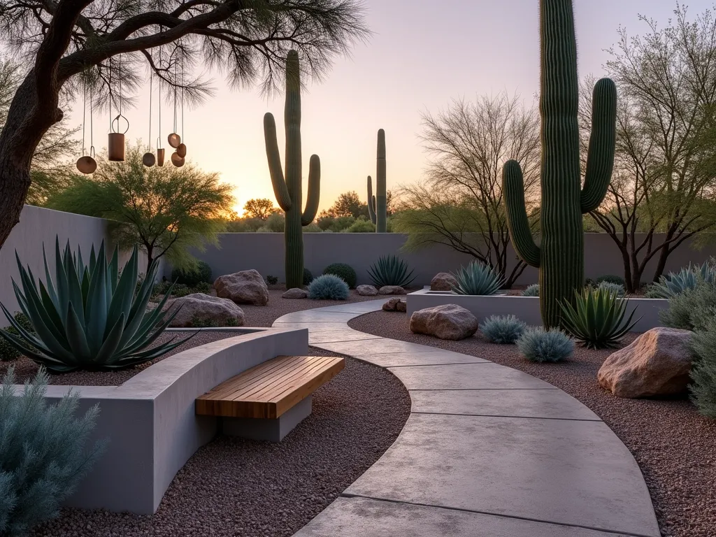 Minimalist Desert Prayer Garden at Dusk - A serene desert prayer garden photographed at dusk with soft golden light casting long shadows. Wide-angle shot showcasing a curved decomposed granite path leading to a simple wooden meditation bench. Modern concrete planters housing sculptural agaves, barrel cacti, and tall saguaros create dramatic silhouettes. Smooth river rocks and raked sand patterns add zen-like elements. Desert sage and silver-blue succulents provide gentle color. Weathered bronze wind chimes hang from a twisted juniper branch. Shot with shallow depth of field highlighting the peaceful atmosphere, f/2.8, 16mm lens, natural lighting with subtle purple-orange sky.