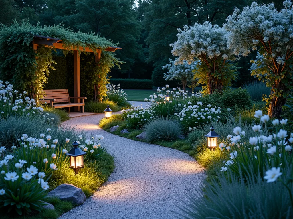 Ethereal Moonlit Prayer Garden - A serene nighttime garden scene captured with a 16-35mm lens at f/2.8, ISO 400. A winding path of light-colored gravel illuminated by soft moonlight leads through a mystical garden space. White flowering moonflowers and evening primrose bloom abundantly, their petals catching the silvery moonlight. Clusters of lamb's ear and dusty miller create silvery-grey accents throughout. Japanese silver grass sways gently in the evening breeze. A simple wooden meditation bench sits beneath an arbor draped with white climbing jasmine. Stone lanterns cast gentle pools of warm light along the path. In the background, white David Austin roses and white delphiniums create layers of ethereal beauty. The scene is captured in a wide-angle perspective, showing the entire garden composition bathed in ethereal moonlight, creating an enchanting atmosphere perfect for evening prayer and contemplation.