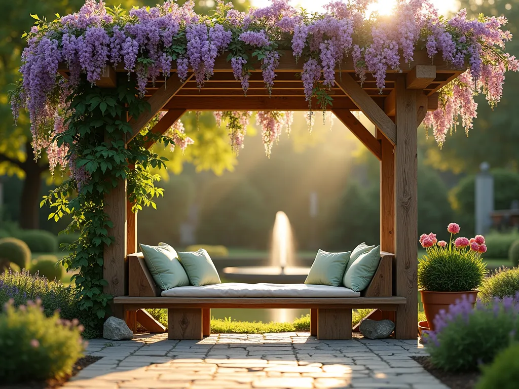 Serene Prayer Garden Bench Haven - A serene garden setting at golden hour, featuring a weathered teak prayer bench nestled under a robust wooden pergola draped with cascading purple wisteria and soft pink climbing roses. The bench includes plush sage green and cream outdoor cushions, photographed from a wide angle showing the peaceful sanctuary surrounded by lush greenery. Dappled sunlight filters through the floral canopy, creating ethereal patterns on the natural stone pavers below. Small meditation stones and potted lavender plants frame the intimate space, while a gentle fountain bubbles quietly in the background. Shot with shallow depth of field emphasizing the bench and flowering pergola, creating a dreamy atmosphere perfect for contemplation and prayer.