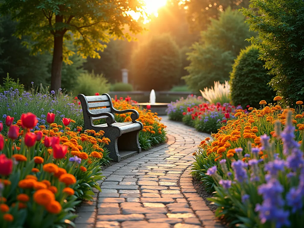 Rainbow Prayer Garden Path - A serene curved garden path at golden hour, bordered by perfectly arranged flower beds flowing through rainbow colors. Starting with deep red salvias and tulips, transitioning to orange marigolds, yellow daylilies, green hostas, blue delphiniums, and ending with purple lavender. Shot from a low angle perspective, capturing the sun's rays filtering through the flowers, creating a ethereal glow. A weathered stone bench sits at the path's curve, surrounded by white ornamental grasses that catch the light. Small meditation fountain in the background creates a peaceful atmosphere. Professional DSLR photo with wide-angle lens, f/8, ISO 100, 1/125 shutter speed, capturing the rich colors and garden detail in pristine clarity.