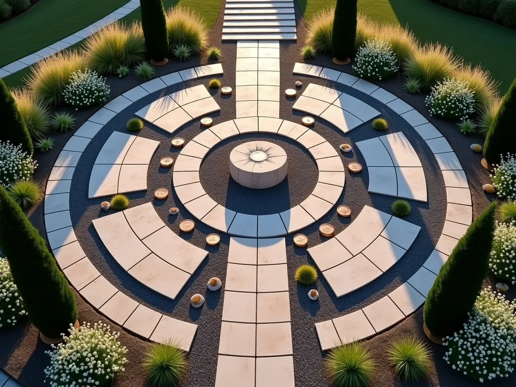 Sacred Geometry Meditation Garden - Aerial view of a meticulously designed sacred geometry garden at golden hour, featuring a large Flower of Life pattern created with light limestone pavers contrasting against dark gravel paths. The circular design is divided into perfect geometric sections with carefully placed lavender borders and white roses. A central meditation area contains a stone bench surrounded by spiraling paths that mirror the Fibonacci sequence. Small copper plaques with sacred geometry explanations are tastefully placed along the pathways. Ornamental grasses and white flowering plants create soft texture around the edges, while cypress trees stand as sentinels at key geometric points. The low-angled sunlight casts long shadows that emphasize the mathematical precision of the design, photographed with a DSLR camera at f/8, ISO 100, capturing the interplay of light and sacred mathematical proportions.