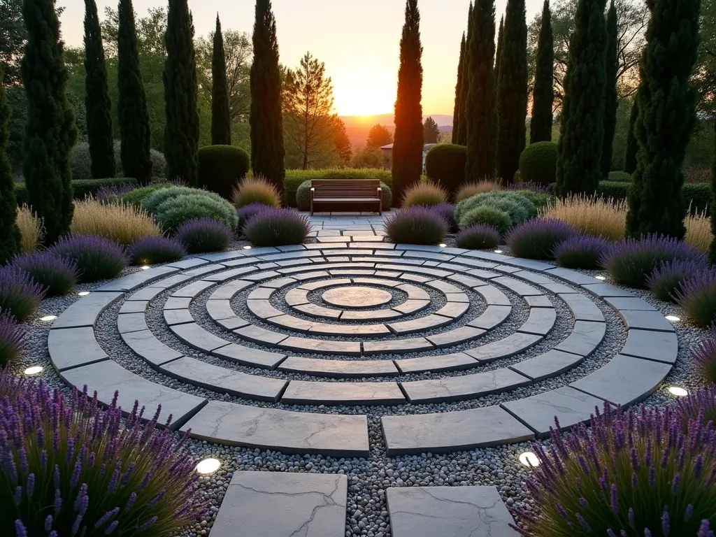 Sacred Stone Labyrinth Garden Path - A serene prayer garden featuring a circular stone labyrinth pathway at dusk, photographed from a slightly elevated angle. The classical seven-circuit medieval labyrinth pattern is created with smooth, natural gray stone pavers, bordered by soft clusters of fragrant lavender and thyme. Golden hour sunlight casts long shadows across the path, while delicate LED ground lights illuminate the stone edges. Small white pebbles fill the spaces between the pavers, creating contrast. The labyrinth is centered in a peaceful backyard setting, surrounded by ornamental grasses that sway gently in the evening breeze. A simple wooden bench sits at the entrance, and cypress trees frame the backdrop, their silhouettes dramatic against the warm sunset sky. Shot with a wide-angle lens at f/2.8, capturing the ethereal atmosphere of this sacred outdoor meditation space.