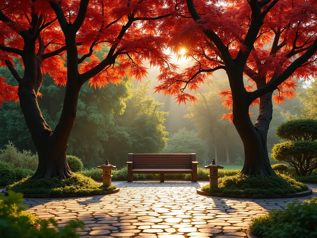 Sacred Tree Grove Sanctuary - A serene backyard meditation space featuring a circular grove of 3 mature Japanese maple trees creating a natural cathedral canopy, photographed at golden hour. A rustic wooden bench nestled beneath the trees on a circular flagstone patio. Dappled sunlight filters through the red-tinged leaves, creating ethereal patterns on the ground. Stone lanterns mark the entrance path, with moss and ferns growing between stones. Small Buddhist prayer flags gently wave between branches. Shot with shallow depth of field focusing on the peaceful sitting area, with soft bokeh through the leaves. The natural cathedral effect is enhanced by the low-angle perspective showing the arching branches meeting overhead.