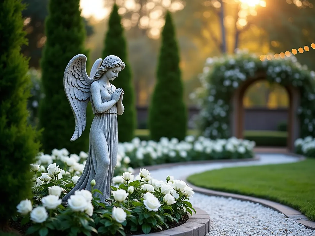 Serene Angel Garden Sanctuary - A tranquil evening garden scene captured with a 16-35mm lens at f/2.8, ISO 400, featuring a weathered stone angel statue as the centerpiece, standing 5 feet tall with outstretched wings. The angel is surrounded by a circular bed of pristine white roses and lilies, backed by evergreen boxwood shrubs creating a natural alcove. Soft golden hour lighting filters through nearby cypress trees, casting gentle shadows across the statue's face. White garden pebbles create a meandering path leading to the statue, while climbing white jasmine adorns a subtle wooden arch overhead. Delicate white fairy lights are intertwined in the surrounding greenery, creating a ethereal glow. The scene is photographed from a low angle, making the angel appear majestic against the dusky sky, with shallow depth of field blurring the background garden into a peaceful bokeh effect.