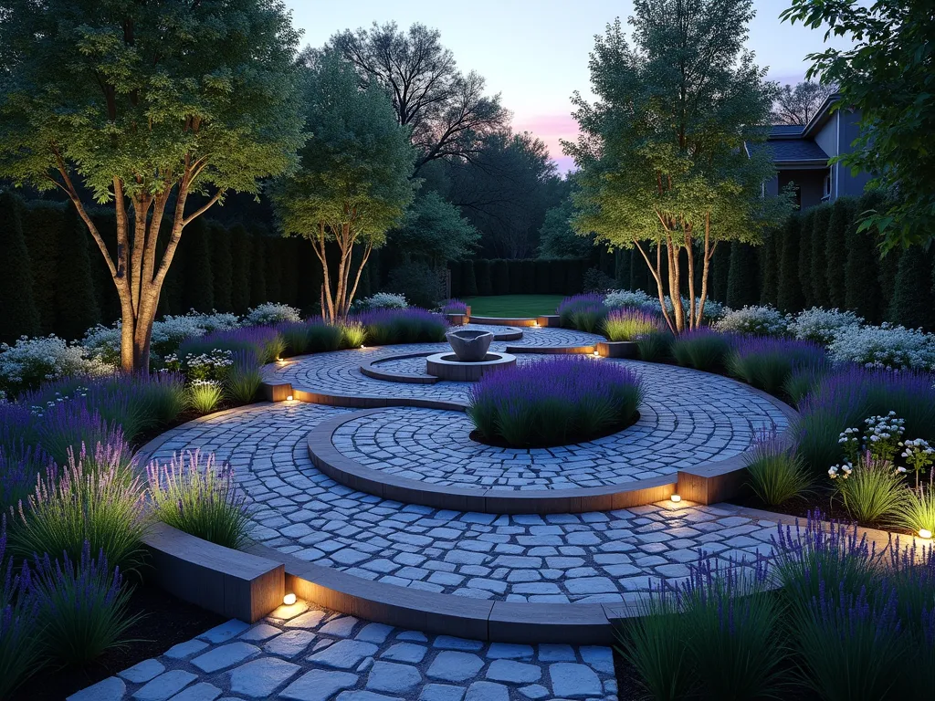 Spiral Prayer Garden Path at Twilight - A serene twilight garden scene featuring a mesmerizing spiral pathway made of smooth river stones and reclaimed timber borders, photographed with a wide-angle lens at f/2.8. The path gradually winds inward like a prayer rope, with seven contemplative wooden benches placed at regular intervals. Purple and white lavender borders the path, creating a fragrant journey, while white flowering dogwood trees provide gentle canopy coverage. Soft landscape lighting illuminates the path from below, casting a warm ethereal glow. At the center sits a small meditation area with a natural stone fountain. Japanese forest grass and white bleeding hearts fill the planting pockets between path curves, creating a sense of movement and flow. The scene is captured during the blue hour, with the last traces of sunset visible in the background, lending a mystical atmosphere to this sacred garden space.