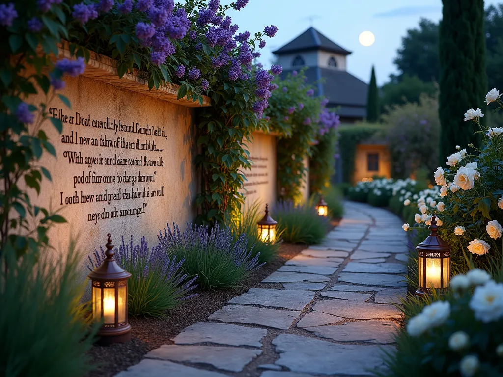 Spiritual Garden Path with Scripture Wall - A serene garden path at twilight, illuminated by soft landscape lighting. A weathered stone wall features beautifully engraved biblical verses in elegant calligraphy, with climbing jasmine and wisteria gracefully framing the text. The path is lined with lavender and white roses, creating a peaceful atmosphere. Natural stone pavers lead visitors through the space, while small meditation benches offer places for reflection. Soft moonlight casts gentle shadows across the scripture-adorned wall, while copper lanterns provide warm, ambient lighting. The scene is photographed from a medium angle, capturing both the intimate details of the engraved text and the surrounding garden's peaceful ambiance.