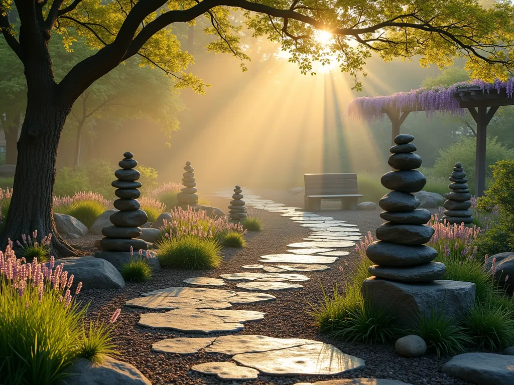 Spiritual Stone Cairn Garden Path at Dawn - A serene winding garden path at dawn, lined with thoughtfully balanced stone cairns of varying heights. Morning mist hovers above the ground while golden sunlight filters through Japanese maple trees. The natural stone path is bordered by low-growing lavender and ornamental grasses. Several meditation cairns, made from smooth river rocks and crystals, create focal points along the journey. A rustic wooden bench sits in the distance beneath a pergola draped with wisteria. The scene is captured in a wide-angle perspective, showing the entire contemplative journey through the garden, with dew drops glistening on the surrounding foliage.