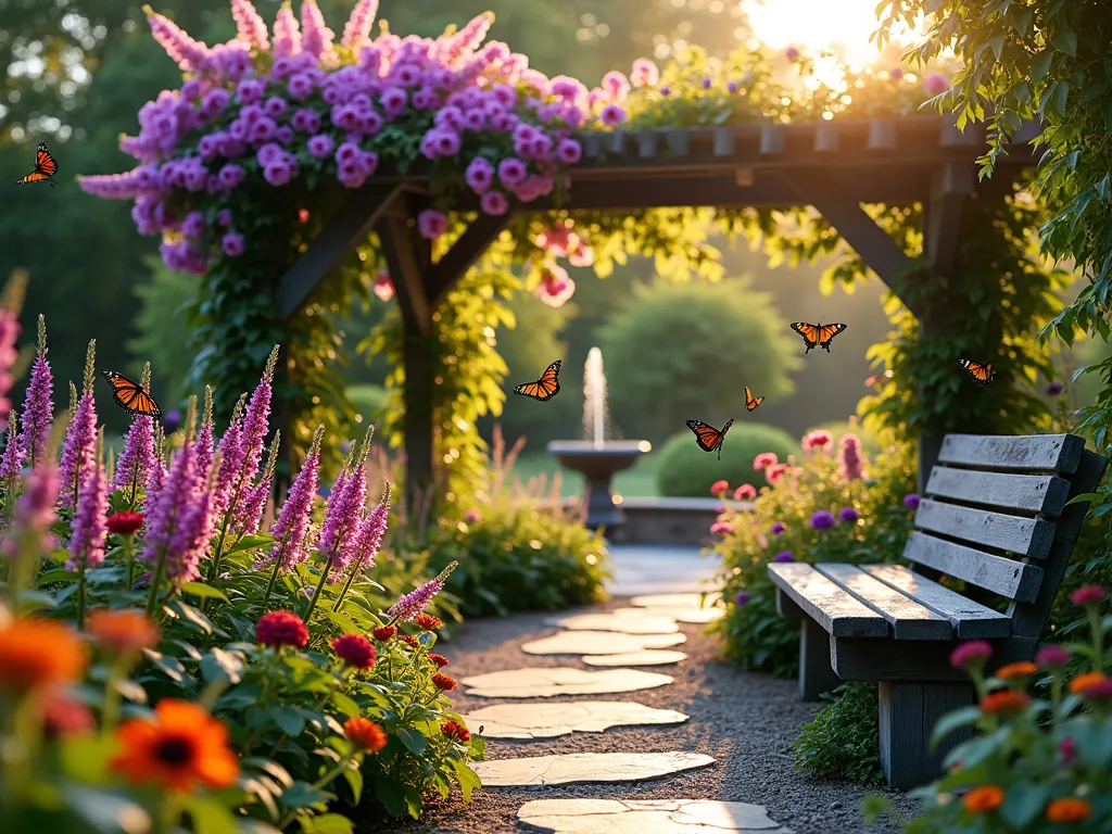 Sunlit Butterfly Prayer Garden Sanctuary - A serene garden sanctuary photographed during golden hour, featuring a tranquil curved pathway lined with purple butterfly bush, pink coneflowers, and vibrant lantana in full bloom. A weathered wooden bench sits beneath a flowering pergola draped with morning glory vines. Monarch and Swallowtail butterflies hover gracefully over the flowers, their wings catching the warm evening light. In the background, a small meditation fountain creates gentle water movement. The garden is bordered by ornamental grasses that sway gently in the breeze, while Mexican sunflowers and zinnias provide splashes of orange and red. Shot with a wide-angle lens at f/8 to capture the entire peaceful scene, with natural golden hour lighting highlighting the dancing butterflies and creating a magical atmosphere. The composition includes a stone path leading to the bench, inviting quiet contemplation among the fluttering visitors.